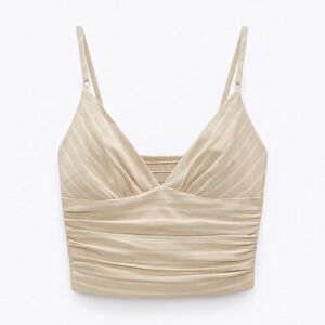 Zara Striped Crop Top, Ruched Cami Tank, Sleeveless Beige Cream‎ Size S NWT